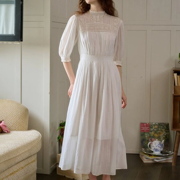 Simply Retro - Averie Lace Panel White Cotton Dress - Picture 2 of 5